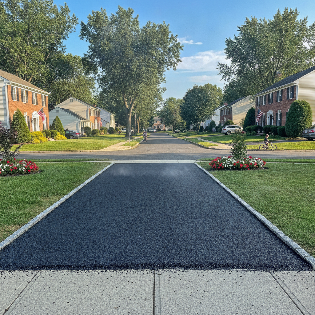 Residential asphalt paving Lodi NJ driveway with optimal thickness being installed by paving crew