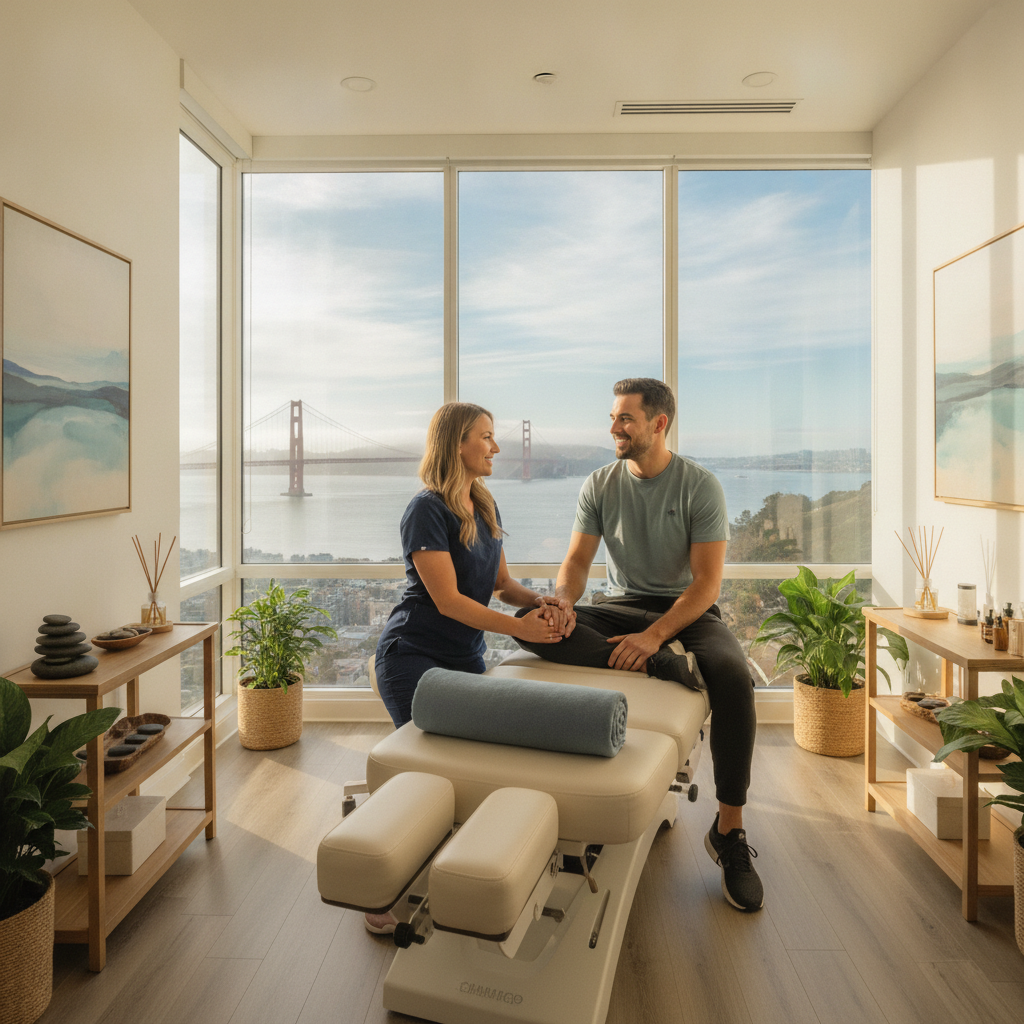 A chiropractor in San Francisco performing a spinal adjustment in a modern clinic, representing the search for the right chiropractor in San Francisco
