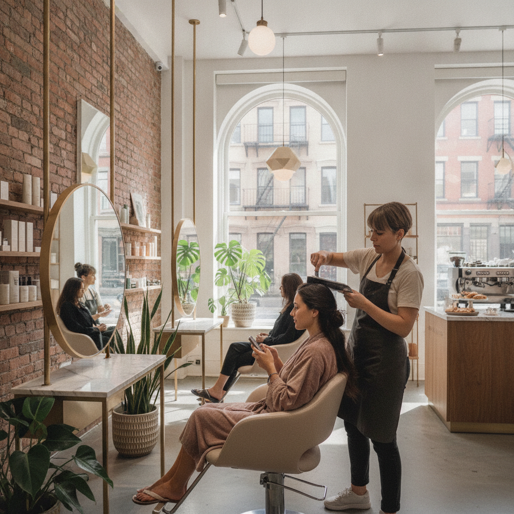 Woman with modern balayage hair color in a Tribeca NYC salon, styled for busy professionals and low-maintenance routines