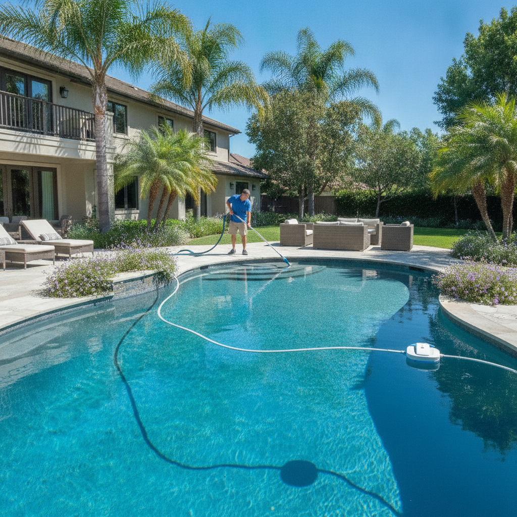 A serene backyard pool with crystal-clear water, maintained by a top pool cleaning service Irvine CA