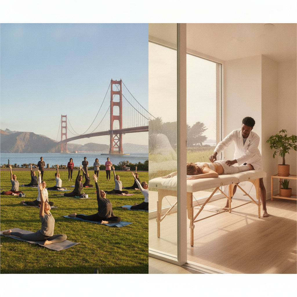 A wellness clinic in San Francisco offering back pain treatment, with a professional chiropractor consulting a patient in a modern therapy room