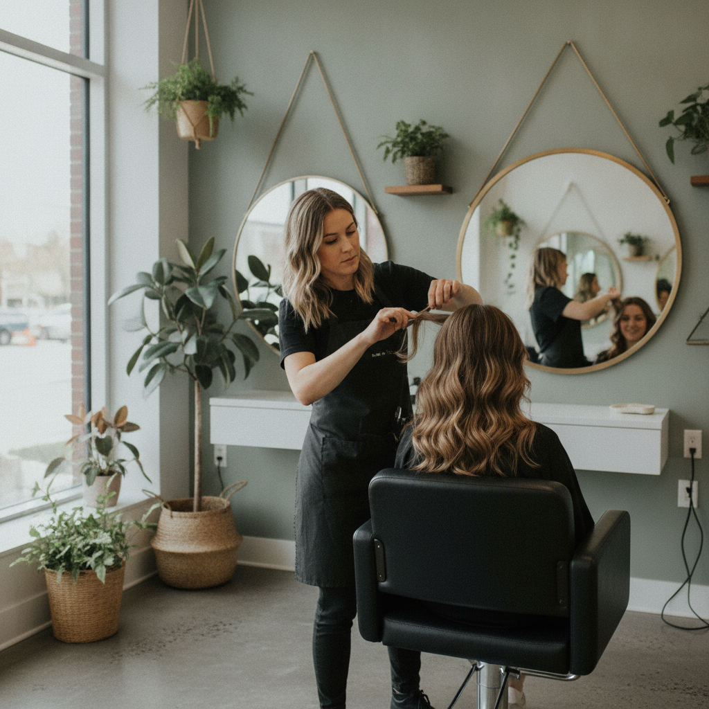 Stylist customizing balayage placement around a client's face shape, an example of balayage hair color Tribeca NYC