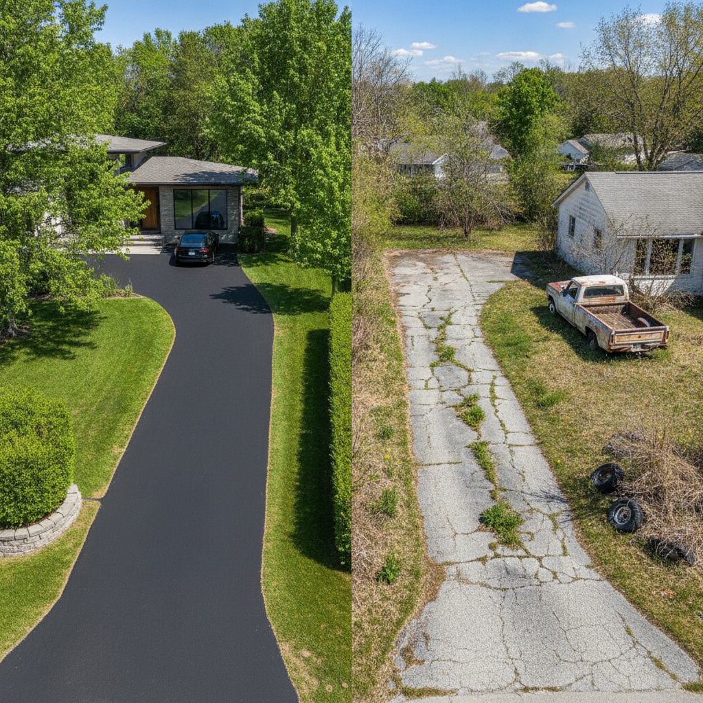Cracked and fading asphalt driveway showing common wear problems that residential asphalt paving in Lodi NJ can help prevent