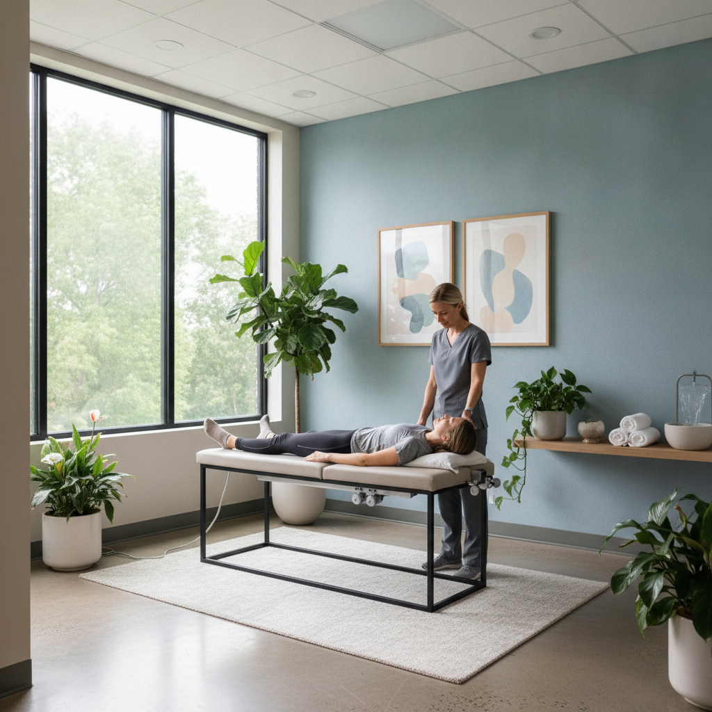 Spinal decompression therapy session in progress, showing a patient receiving non-surgical treatment for herniated disc recovery with a focus on Spinal Decompression Therapy West Des Moines IA