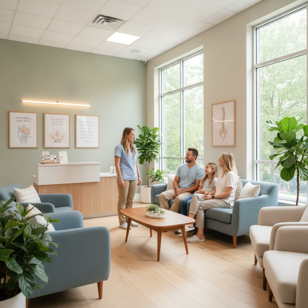 A family visiting a Chiropractor San Antonio TX clinic on a weekend, showing a welcoming waiting room and a chiropractor greeting a busy family