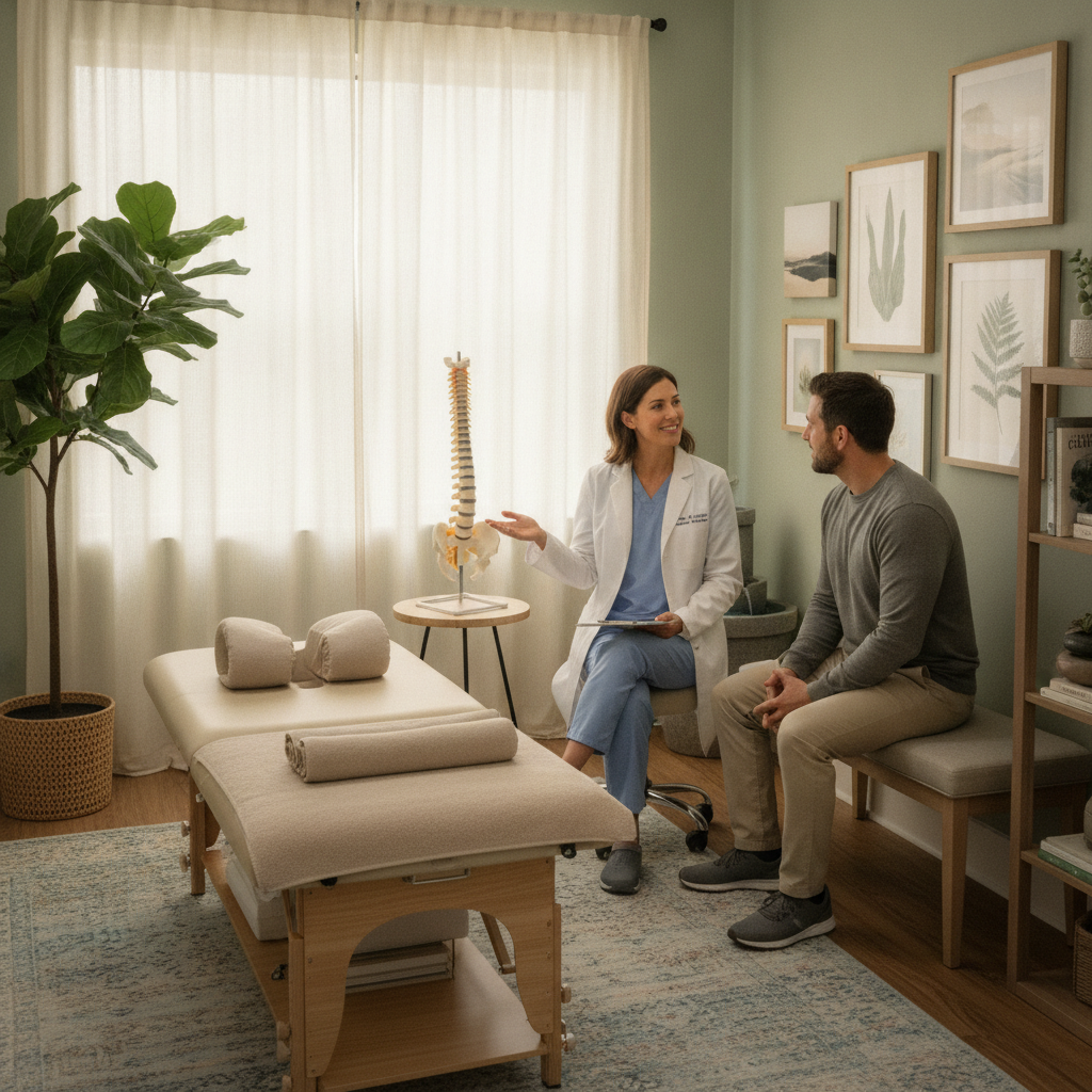 Chiropractor Rochester Hills MI consulting with a patient in a modern clinic