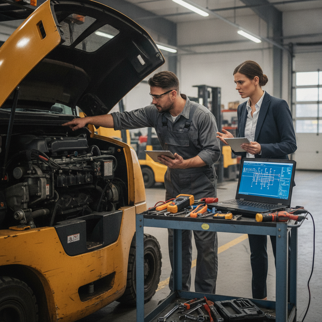 Technician performing Forklift Diagnostics Rockwall TX in a warehouse with a non-starting forklift