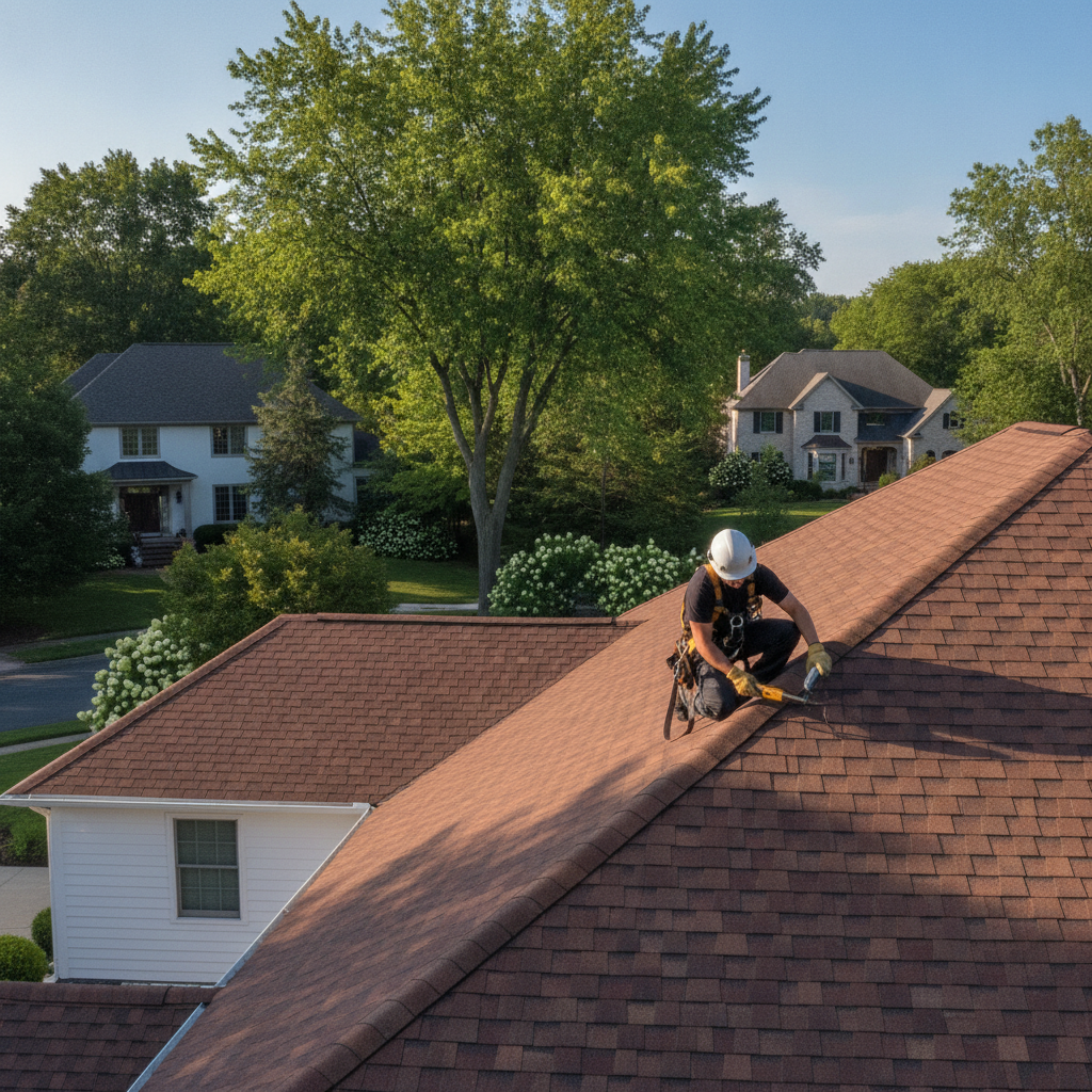 Storm-damaged roof in Bloomfield Hills