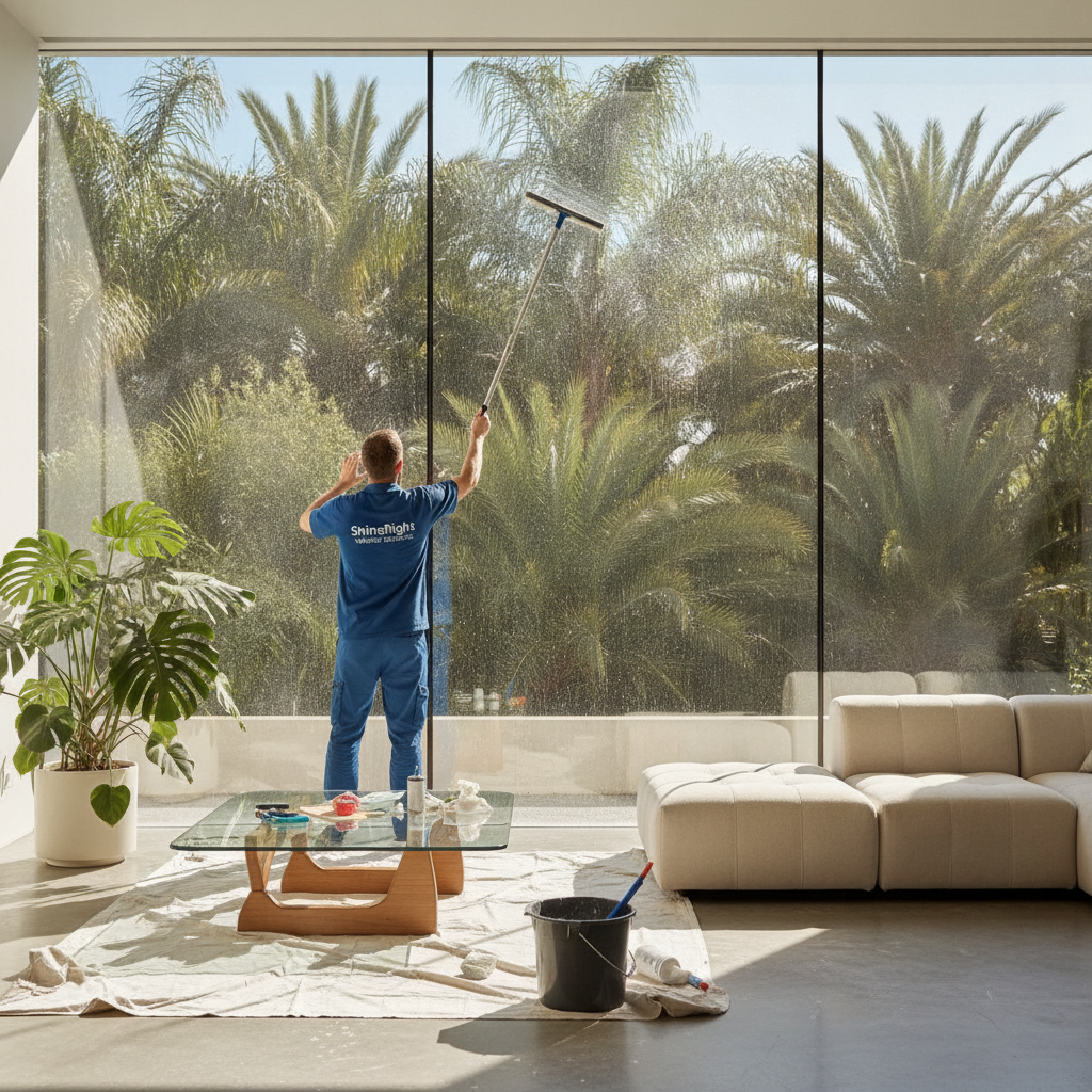 Professional cleaning crew performing Residential Window Cleaning Fort Lauderdale FL on a modern home with palm trees and clear blue sky