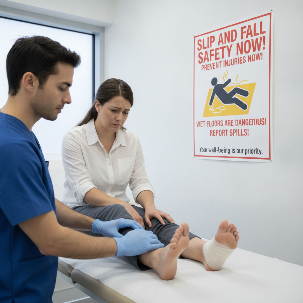 A person slipping on a wet floor in a business setting, highlighting the importance of prompt medical care for slip and fall lawyer KC claims