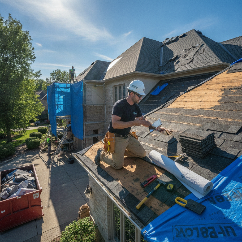 Professional crew replacing a roof with safety gear, roofing contractor Bloomfield Hills