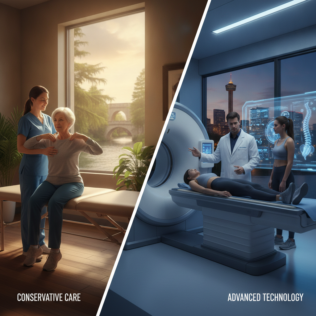 Doctor consulting patient about back pain treatment San Antonio TX options in a modern clinic