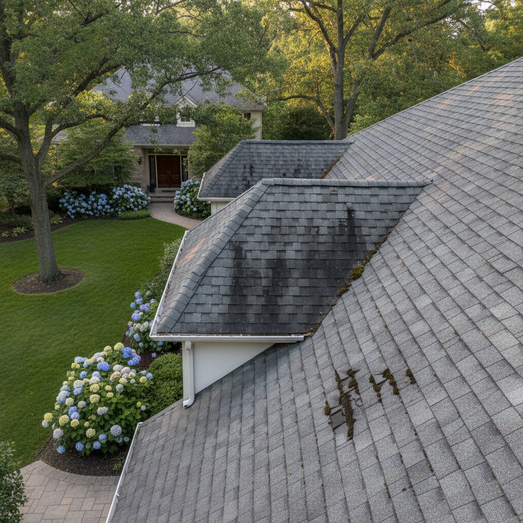 Roofing contractor Bloomfield Hills MI inspects roof leak hotspots on a residential home