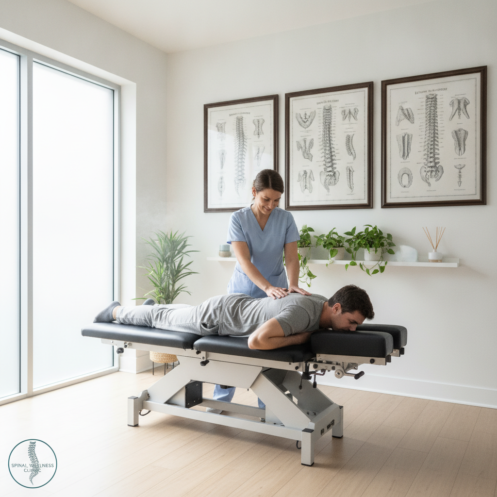 Chiropractor performing a spinal adjustment in a modern clinic, highlighting Chiropractic Care Mesa AZ
