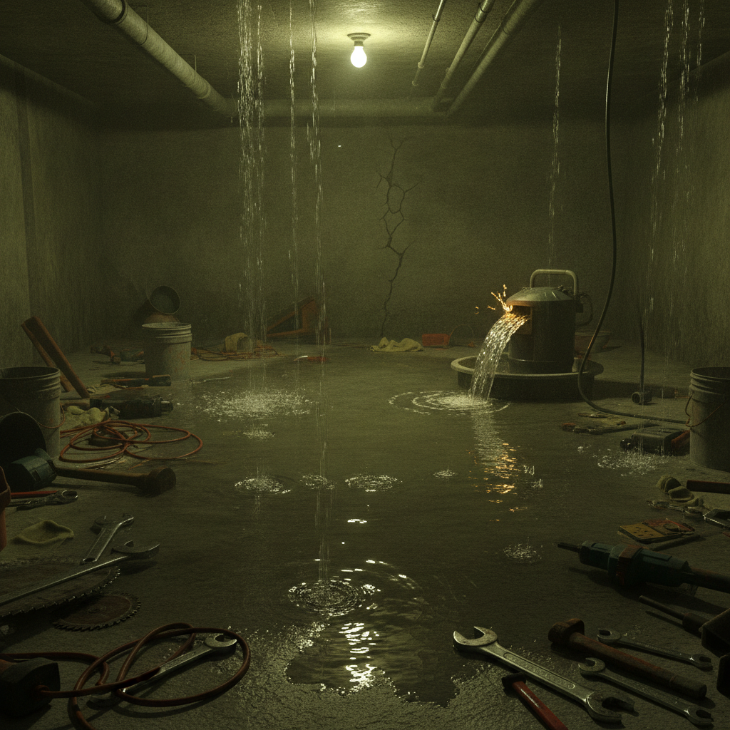 Flooded basement with sump pump and Water Damage Restoration Bloomfield Hills equipment in use