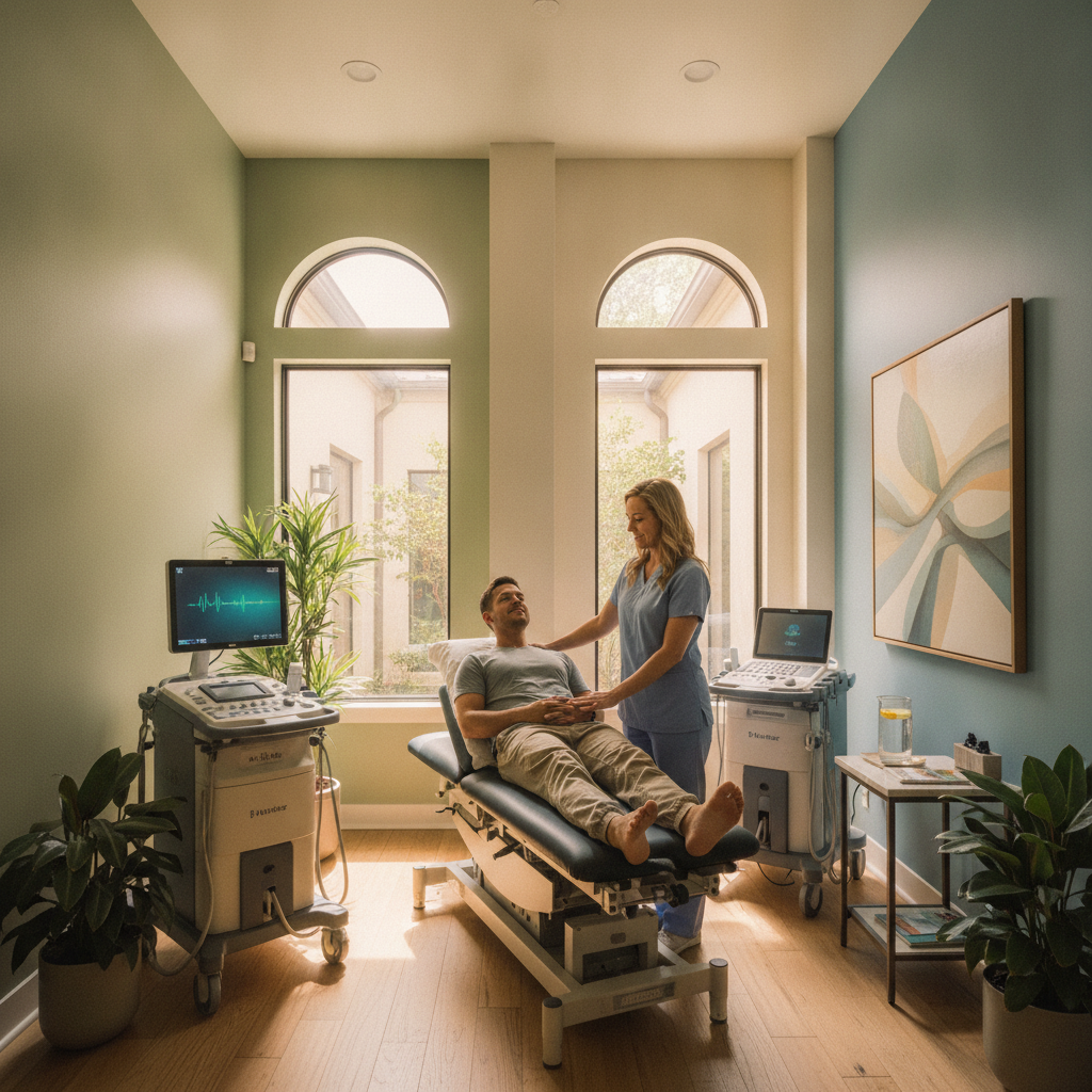 Non-surgical spine care for back pain treatment San Antonio TX, showing a chiropractor consulting a patient in a modern clinic