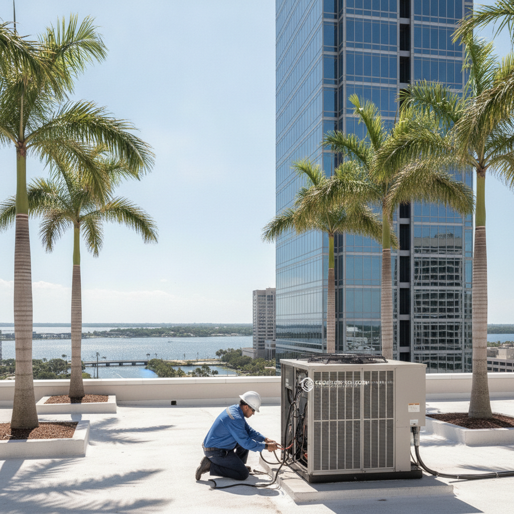 Technician performing AC Repair Tampa FL on a rooftop commercial unit