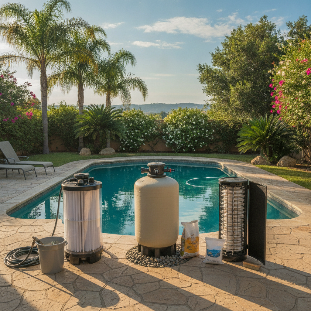 A clean pool with sparkling water and a technician performing pool filter cleaning service Rancho Margarita CA