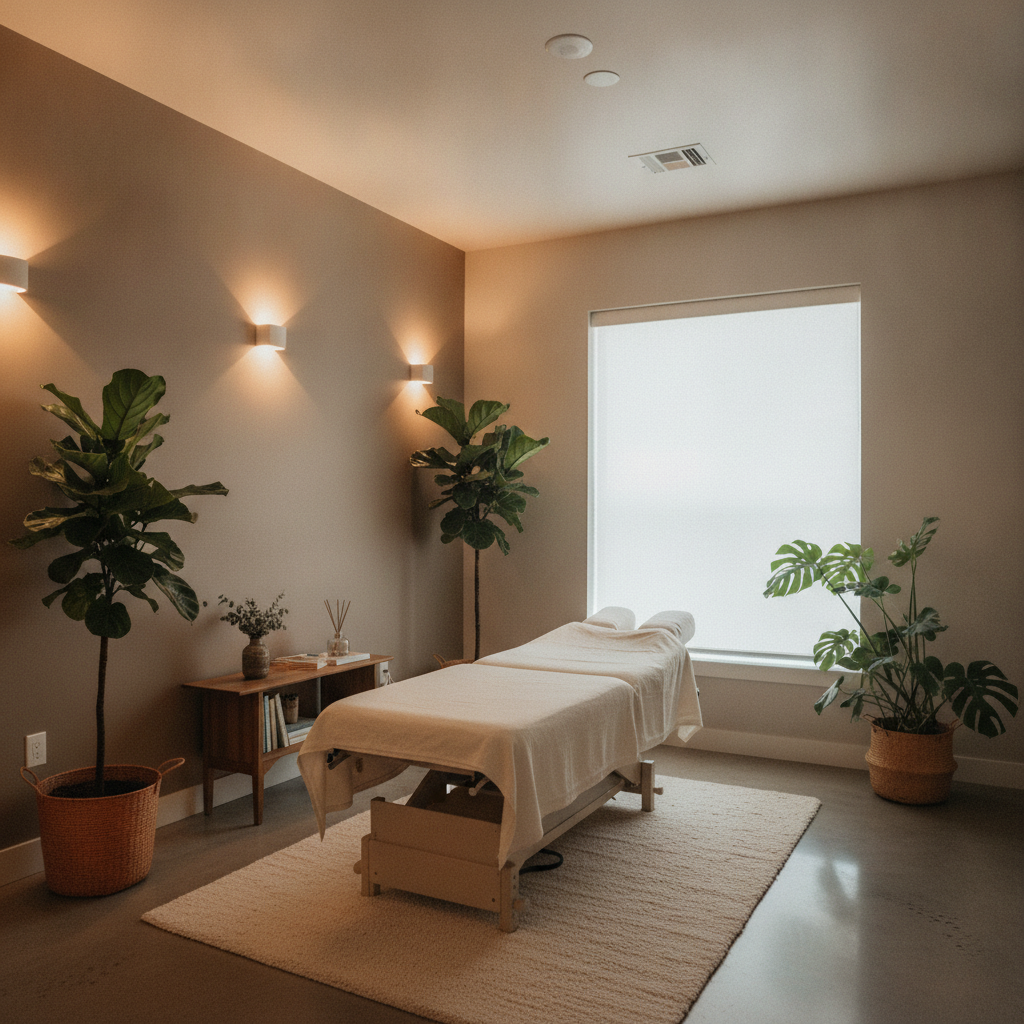 Modern chiropractic clinic interior with doctor and patient, representing top-rated Chiropractor San Antonio TX services