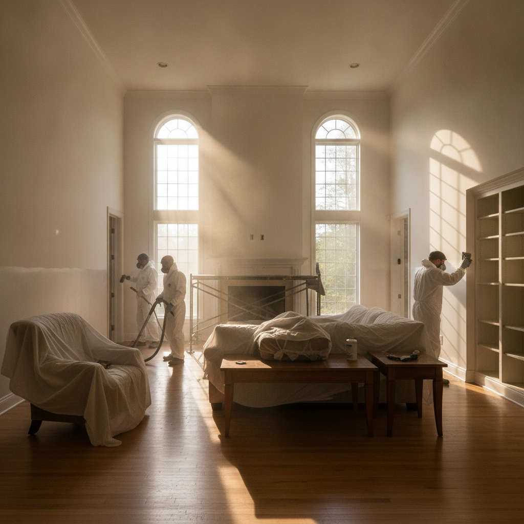 Fire Damage Restoration Bloomfield Hills: A restoration professional assessing fire-damaged property, with equipment and safety gear, helping restore comfort and safety to a local business