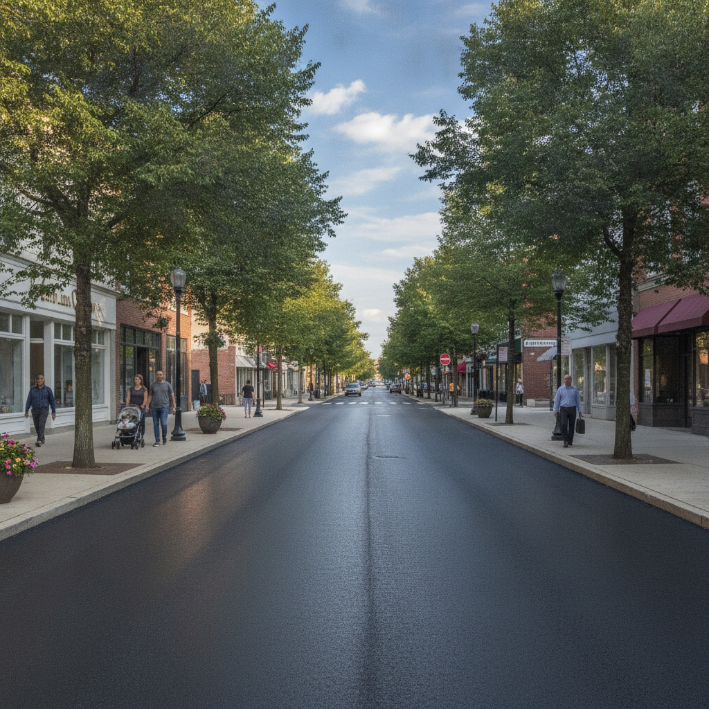 Freshly resurfaced commercial asphalt lot with clear striping and smooth finish, showcasing commercial asphalt paving Lodi NJ quality