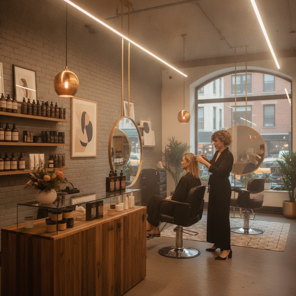 Modern hair salon with client receiving glossing service from New York hair color specialists