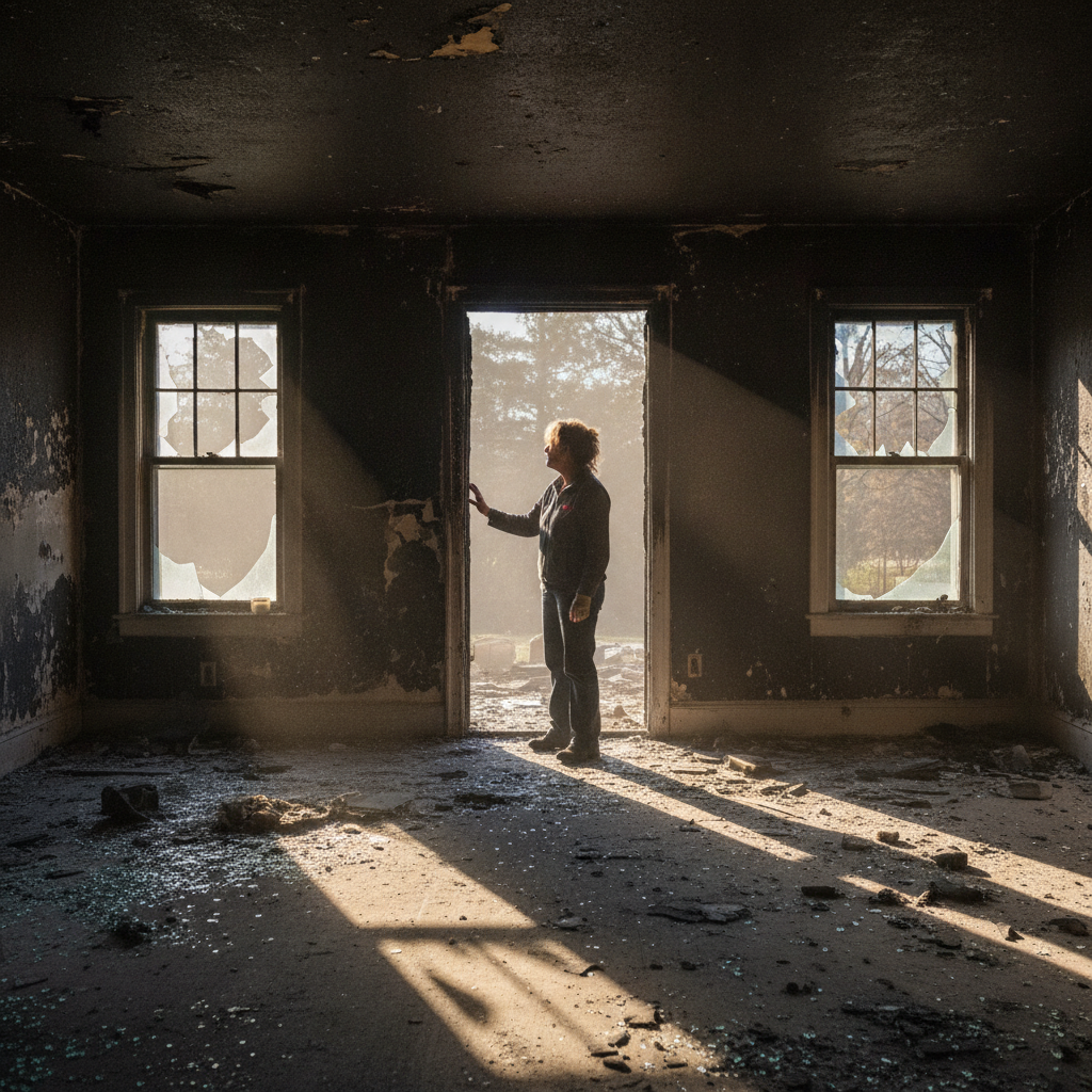 Homeowner and restoration technician reviewing a fire-damaged home entrance during Fire Damage Restoration Bloomfield Hills reentry inspection