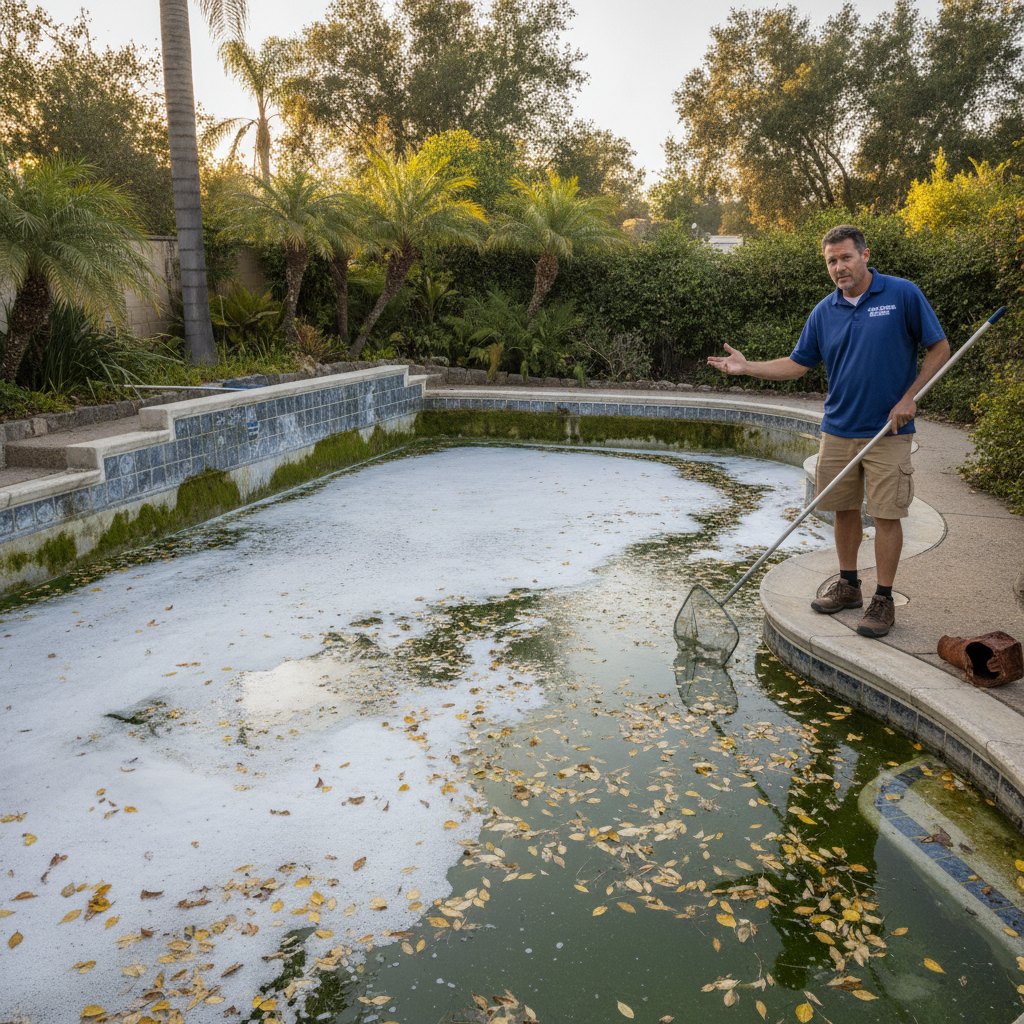 A sparkling blue pool surrounded by lush landscaping, maintained by a professional Pool Cleaning Service Rancho Margarita CA team