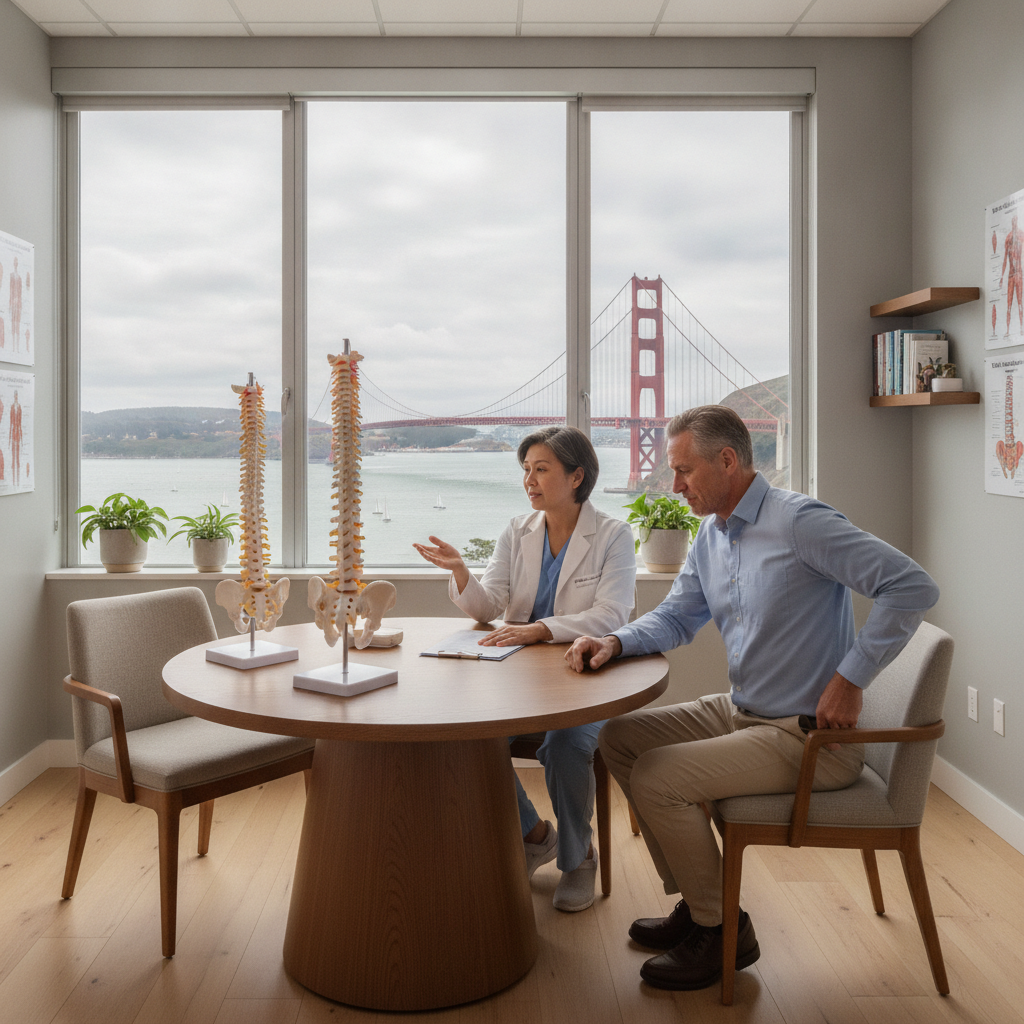 Doctor consulting patient about sciatica treatment San Francisco with spine model and digital diagnostic tools