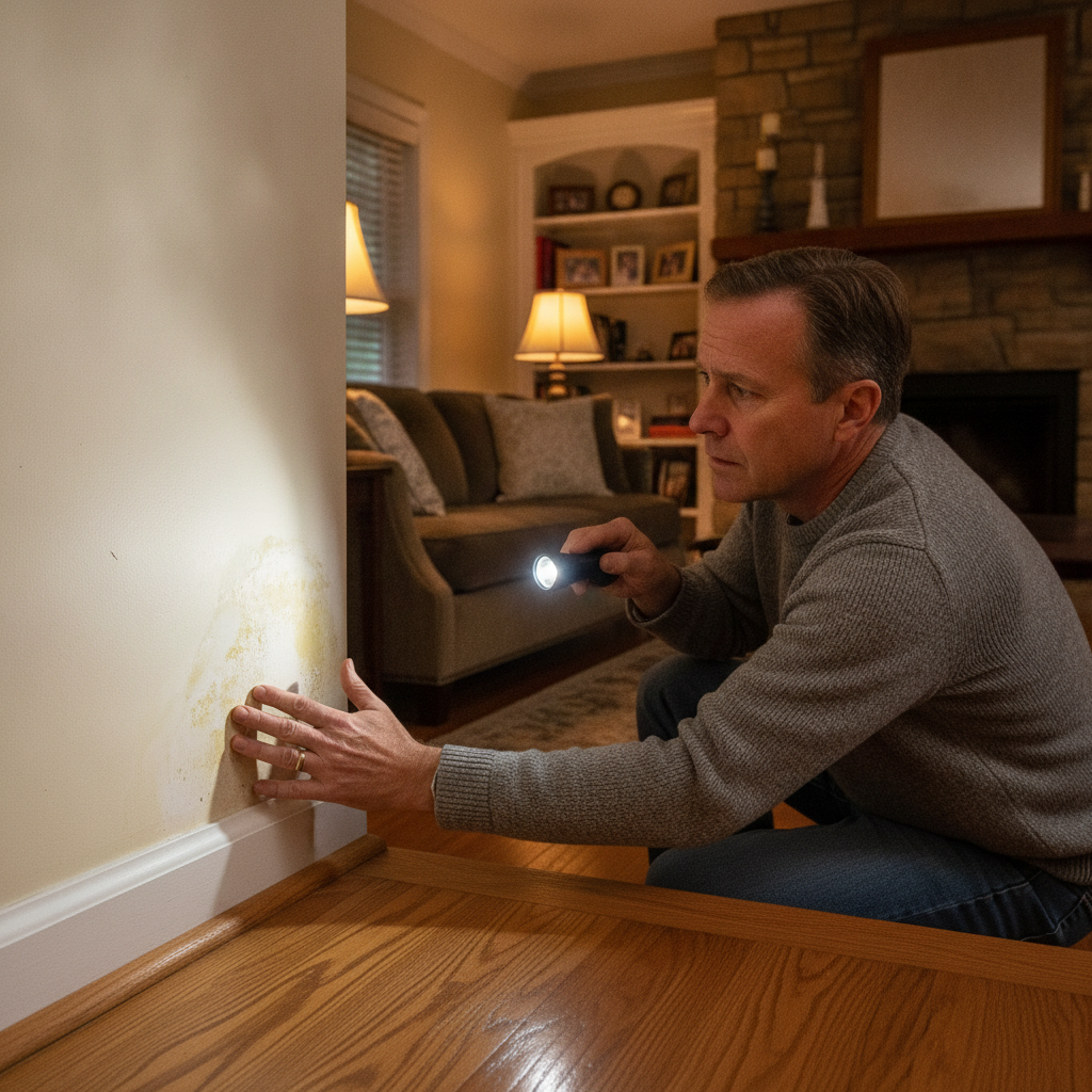 A technician inspects a water-damaged wall in a home, demonstrating Water Damage Restoration Bloomfield Hills techniques