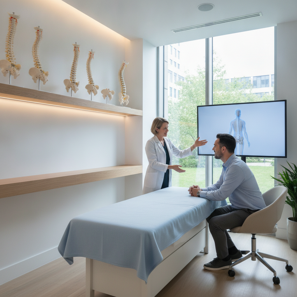 Doctor consulting patient about back pain treatment San Francisco in a modern spine center