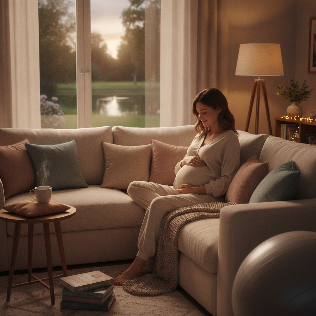 Pregnant woman practicing gentle stretches with a support pillow, illustrating Back Pain Treatment Grass Lake MI options for expecting mothers