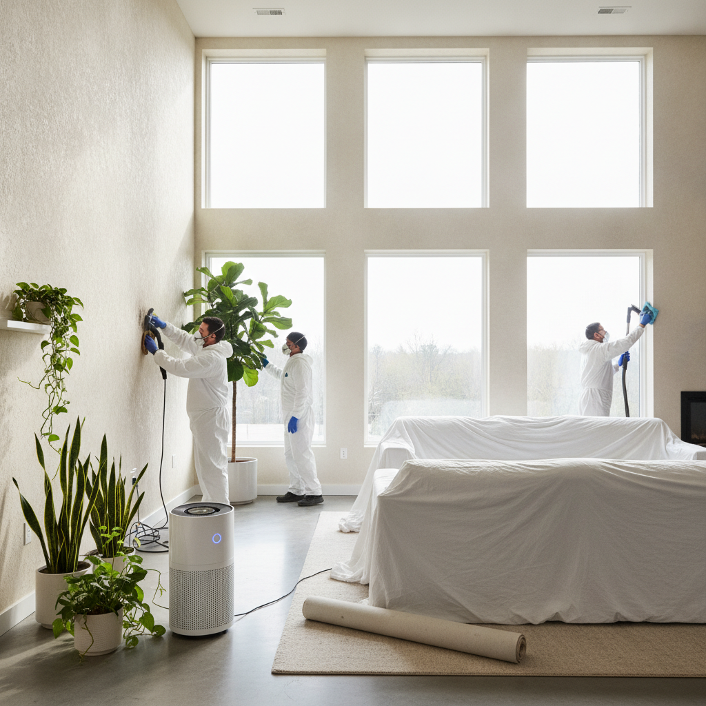 Fire damage restoration Bloomfield Hills: a professional technician uses advanced air filtration equipment to protect indoor air quality after a fire in a local business