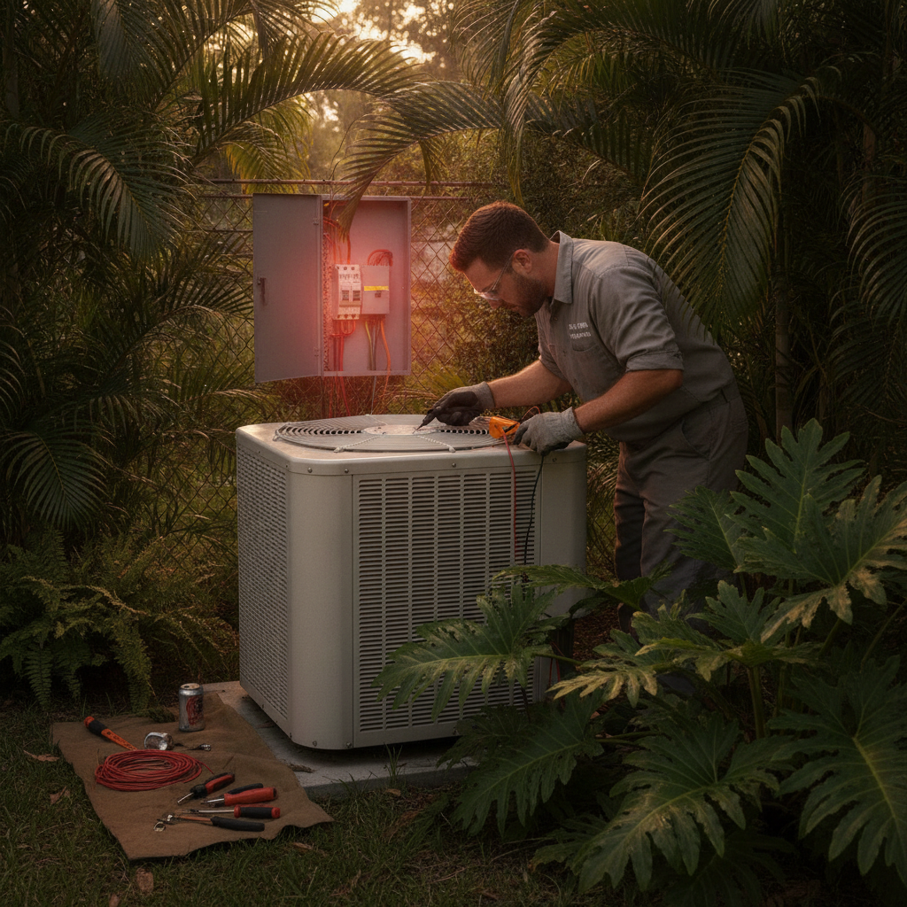 Technician troubleshooting a breaker panel for Emergency AC Repair Tampa FL needs