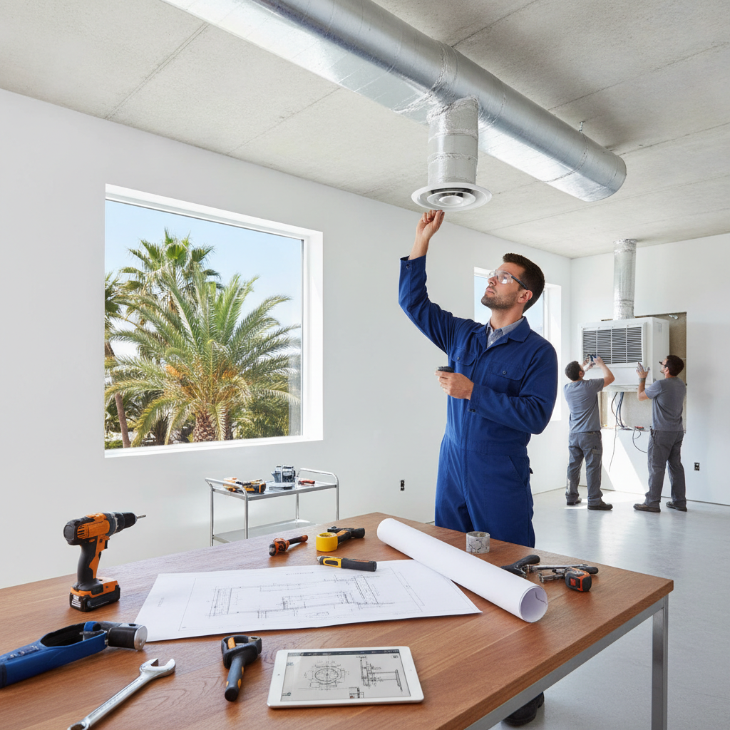 Technician inspecting ductwork before AC installation Palm Harbor FL