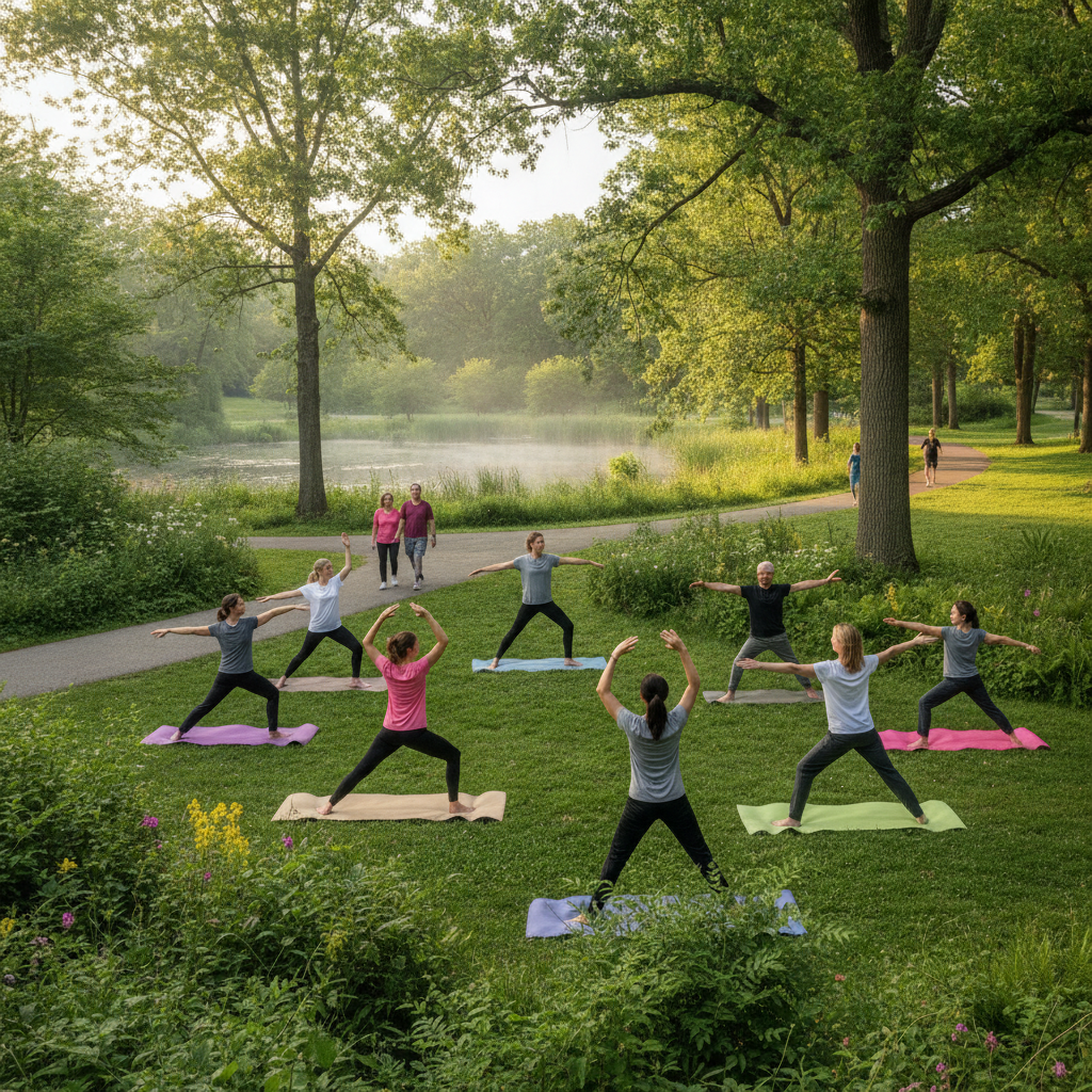 Adults doing gentle low-impact stretches on mats, a simple routine for back pain relief Rochester Hills residents can follow at home
