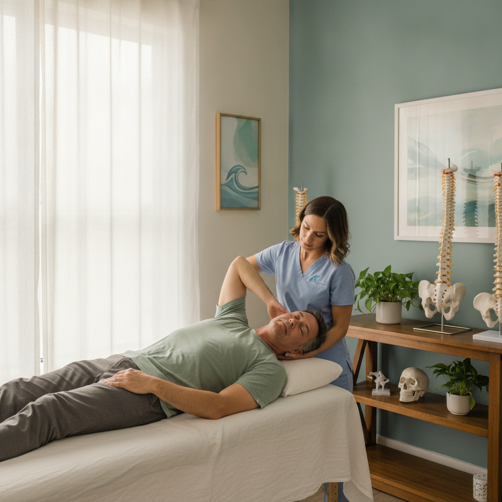 Physical therapist Naples FL assisting a patient with neck pain exercises in a bright, modern clinic