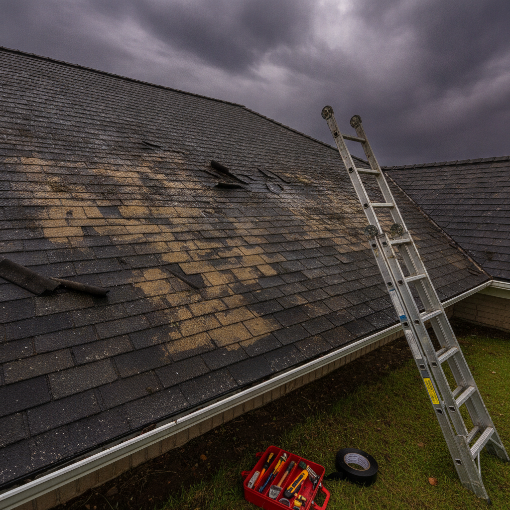Storm-damaged roof with water damage