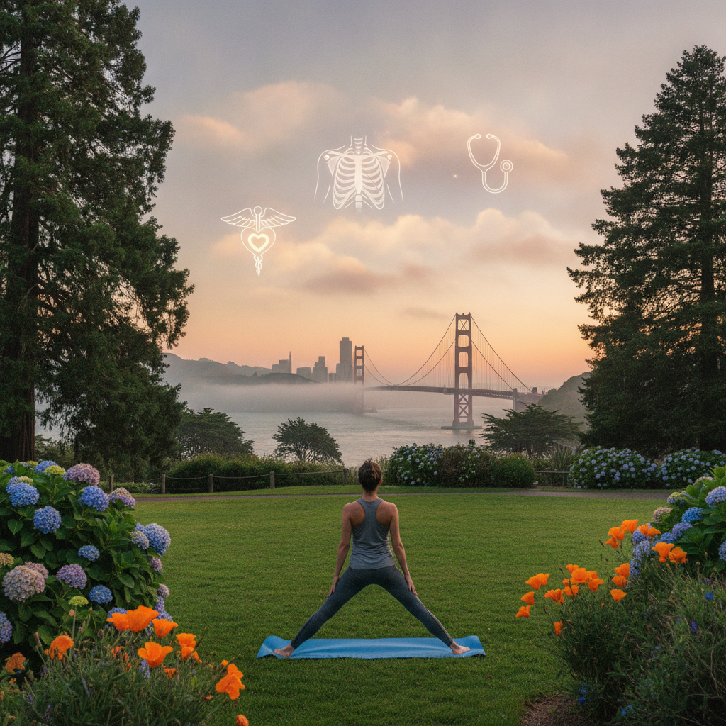 A diverse group of San Francisco residents discussing back pain treatment options, with a doctor reviewing spinal images and highlighting back pain treatment San Francisco on a screen
