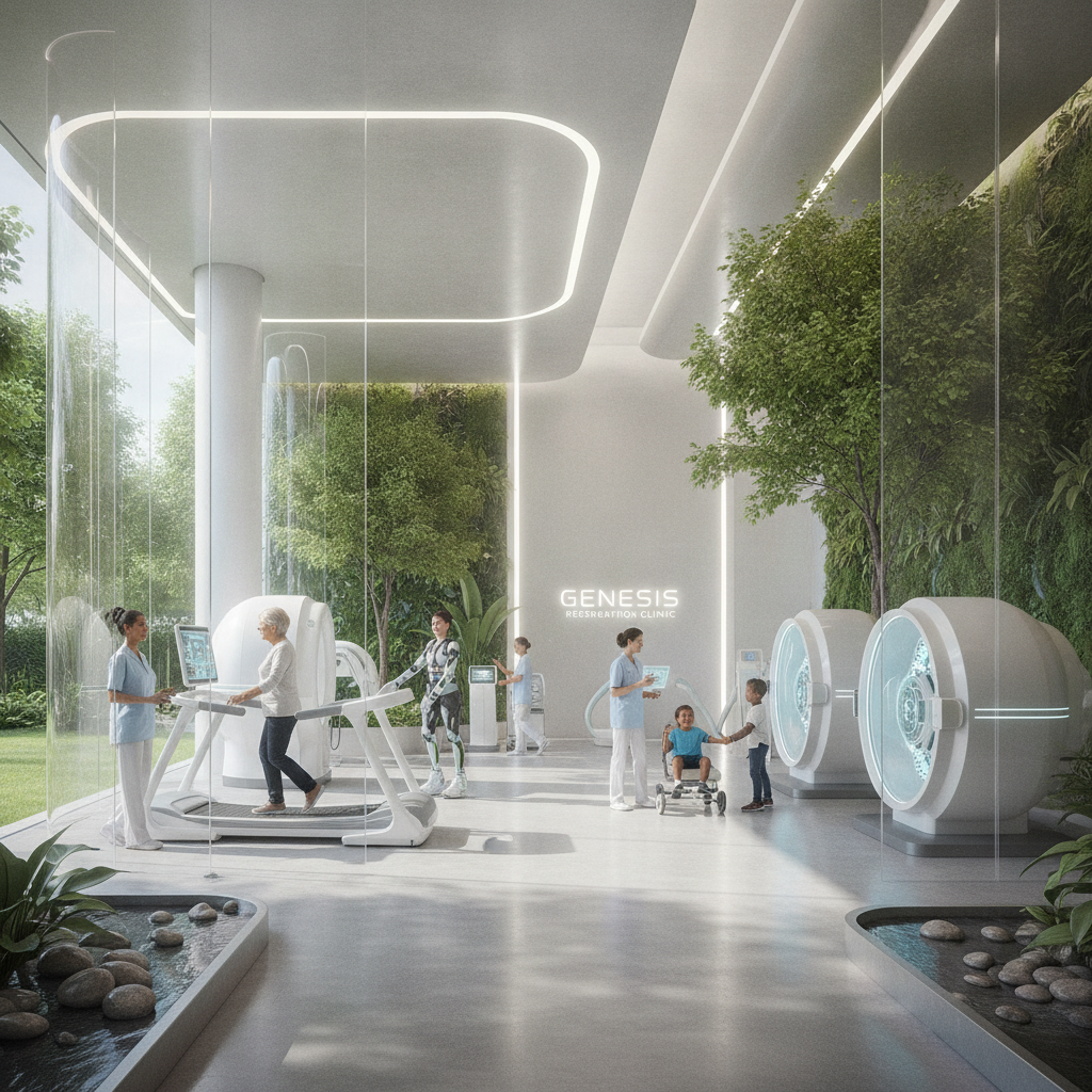 Advanced regenerative technology San Francisco: A modern clinic with patients and medical professionals using innovative devices for faster recovery