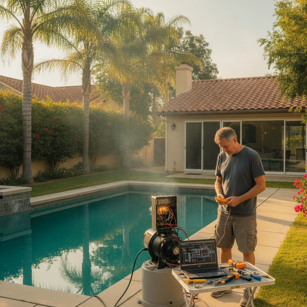 Pool pump repair Rancho Margarita CA professional examining pool pump wiring and electrical panel