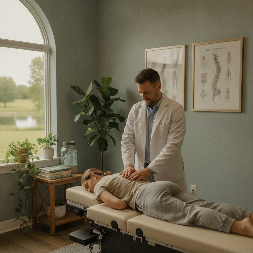 Chiropractor explaining sciatica treatment Rochester Hills MI to a patient using a spine model in a bright office
