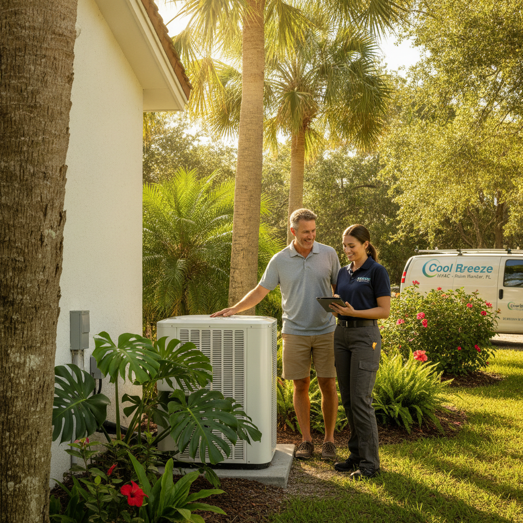 Technician preparing for AC Installation Palm Harbor FL, reviewing blueprints and tools