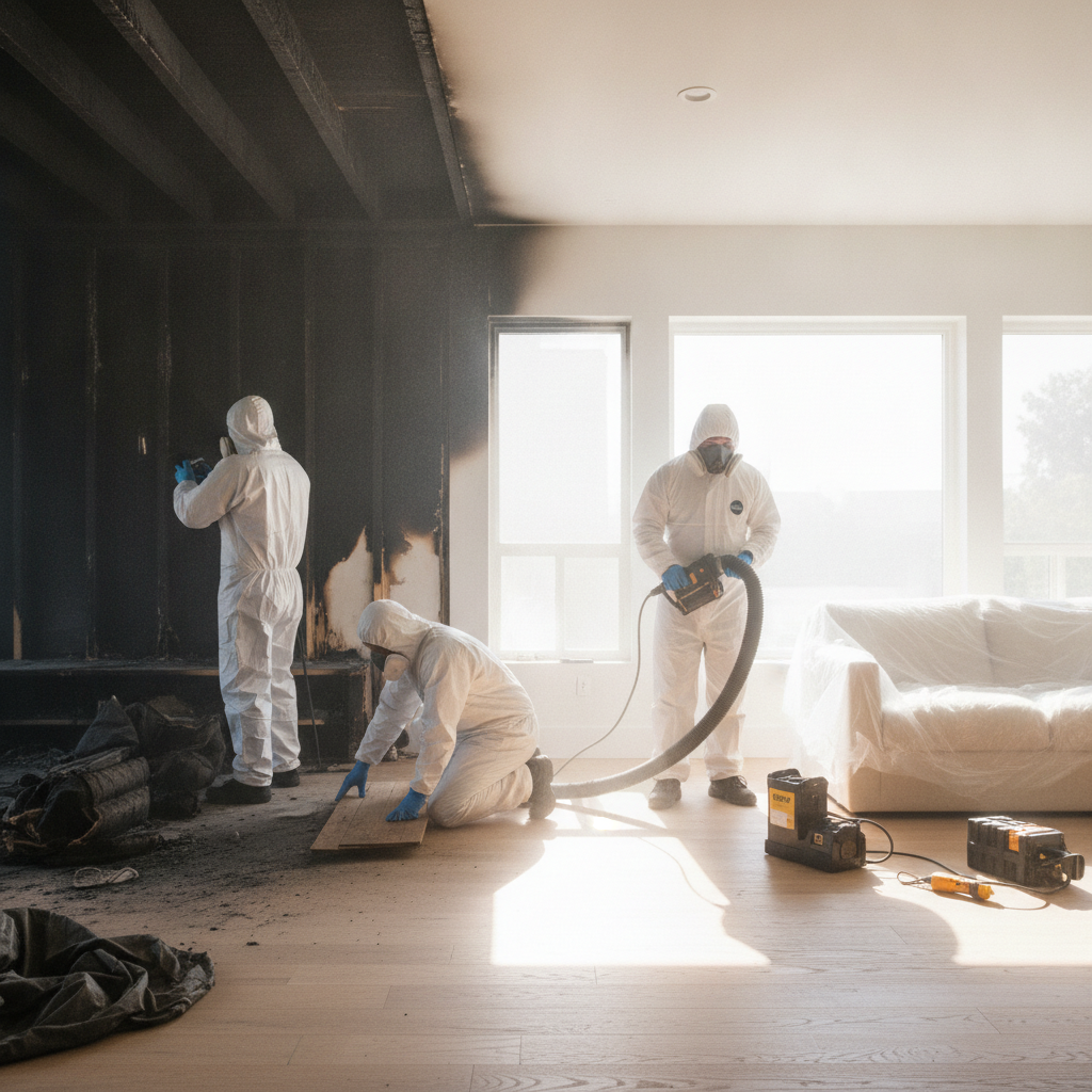 Fire and smoke damage restoration in progress with professionals using specialized equipment in a commercial space, Fire Damage Restoration Bloomfield Hills