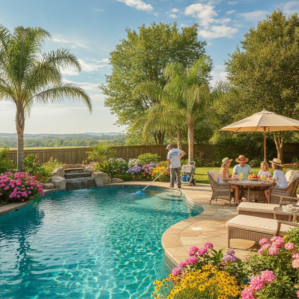 Modern backyard pool with sparkling water, maintained by a professional pool cleaning service Rancho Margarita CA technician, surrounded by palm trees and blue sky