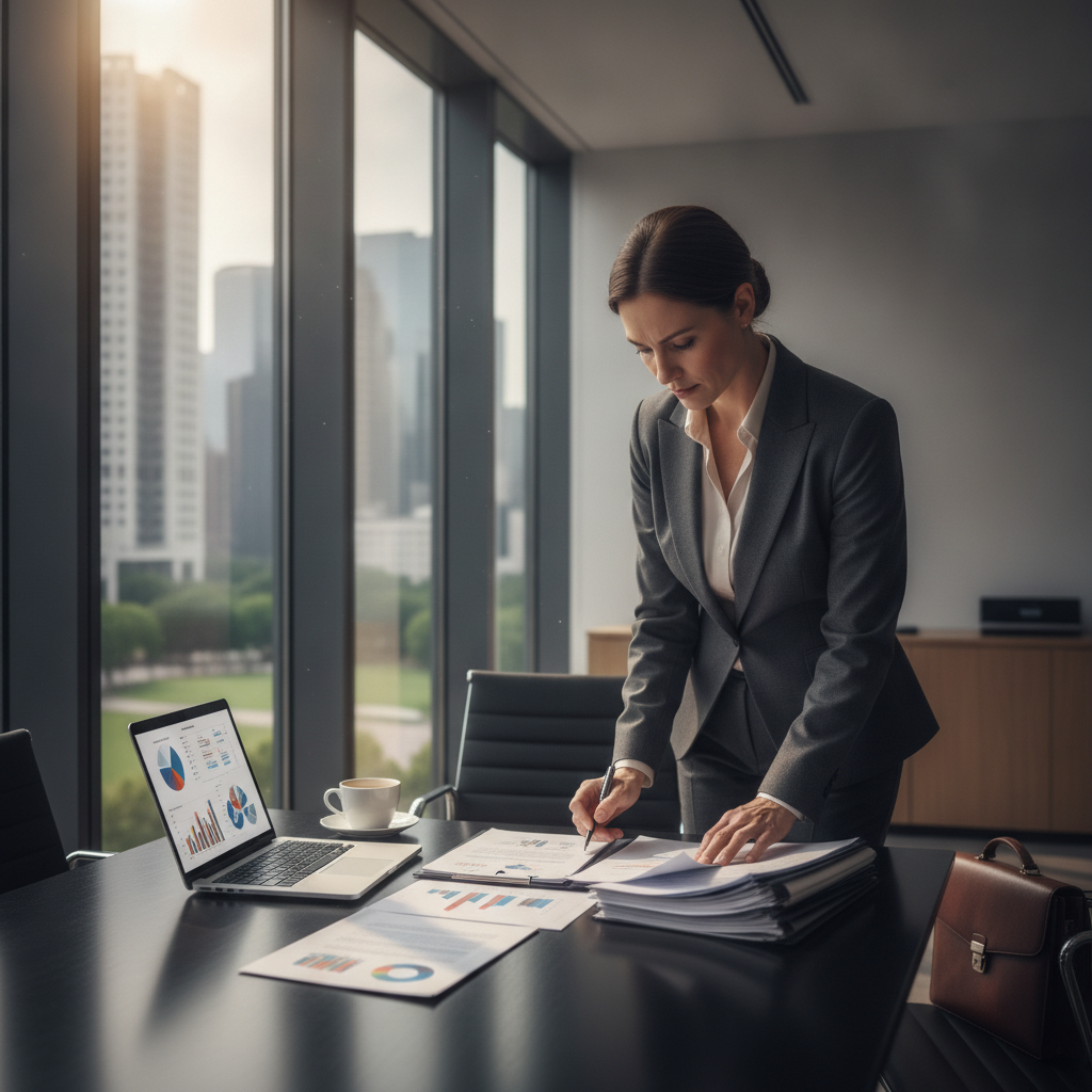 Business litigation attorney meeting with small business owners in an office