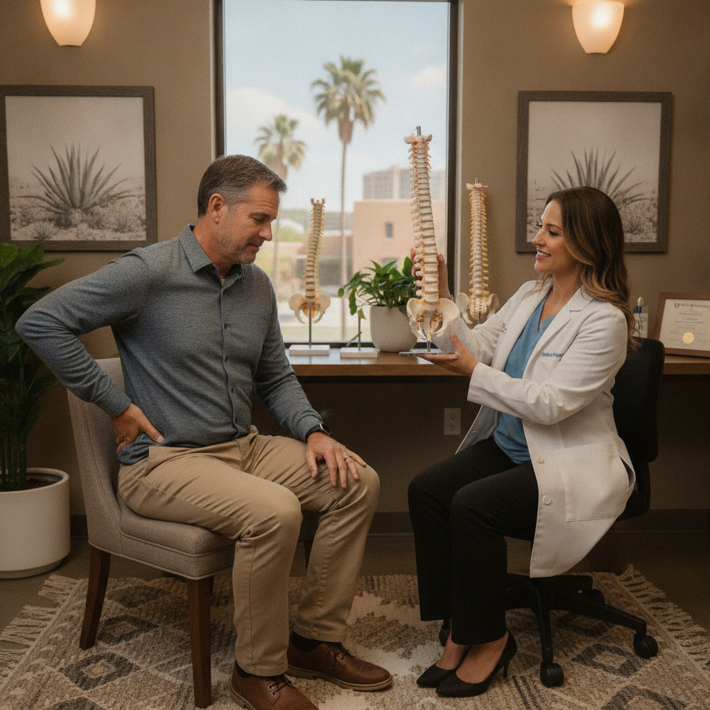A caring specialist discussing back pain treatment San Antonio TX with a patient in a modern clinic setting