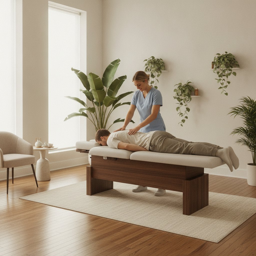 Modern chiropractic clinic interior with a chiropractor in San Francisco consulting a patient for pain relief and wellness