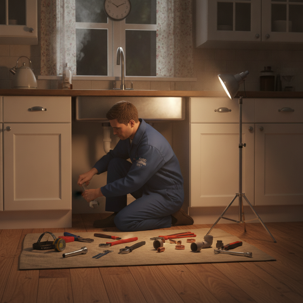 Plumber performing emergency repairs at night, emergency plumbing company Sterling Heights MI