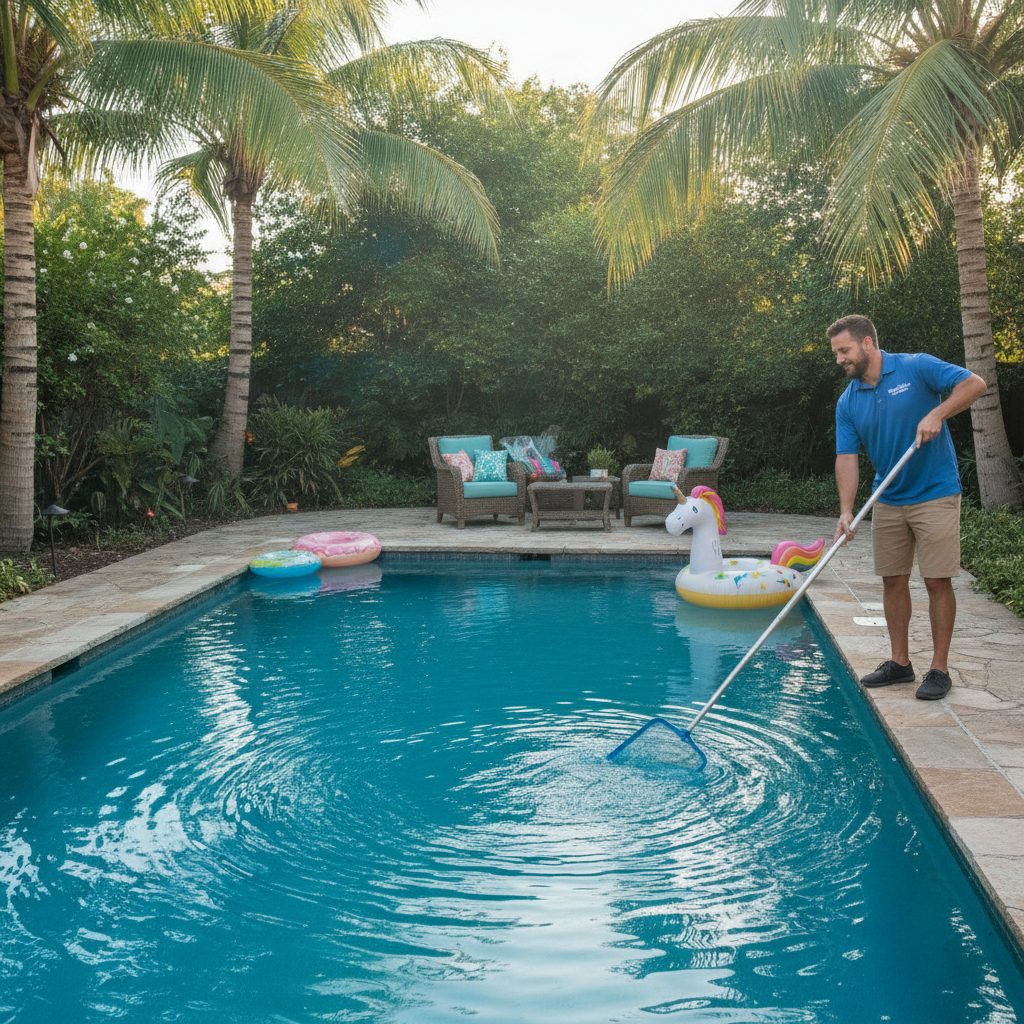 A sparkling clean backyard pool maintained by a professional pool cleaning service Irvine CA, with blue water, pool equipment, and a sunny patio
